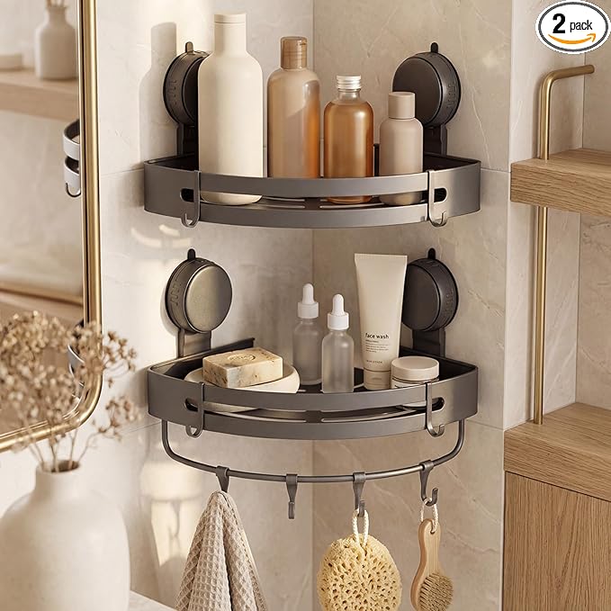 Suction Cup Shower Caddy(2-Pack Gray),Single 1.77 Inches High No-Drilling Aluminum Bathroom Organizer with Towel Bar & Hooks,Moder wall Shower Shelf and Storage Decor