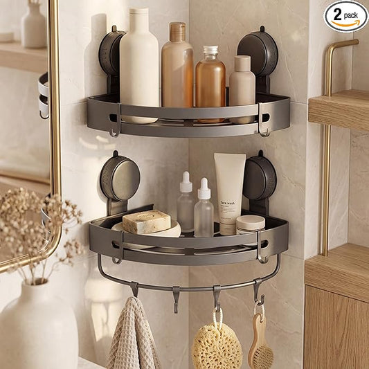 Suction Cup Shower Caddy(2-Pack Gray),Single 1.77 Inches High No-Drilling Aluminum Bathroom Organizer with Towel Bar & Hooks,Moder wall Shower Shelf and Storage Decor