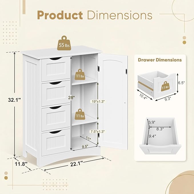 ZENY Bathroom Floor Storage Cabinet, Side Storage Organizer with 4 Drawers and 1 Cupboard, Adjustable Shelf Freestanding Entryway Storage Unit for Living Room/Bathroom (White)
