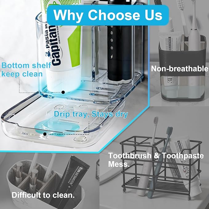 Bathroom Toothbrush Holders, Upgraded 3 Slots Detachable Wall Mounted & Countertop Toothbrush Holder with Drainage, Bathroom Caddy for Electric Toothbrush & Toothpaste, Ideal for Family & Kids (Clear)