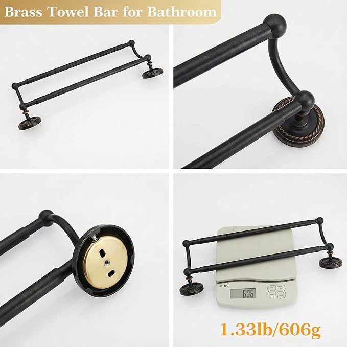 Double Towel Bar, Antique Brass Towel Racks for Bathroom Wall Mount, Adjustable Vintage Black Towel Bar 13.4"-24.8" Usable Bar Length, Heavy Duty Rustproof Bathroom Towel Rod Holder for Kitchen