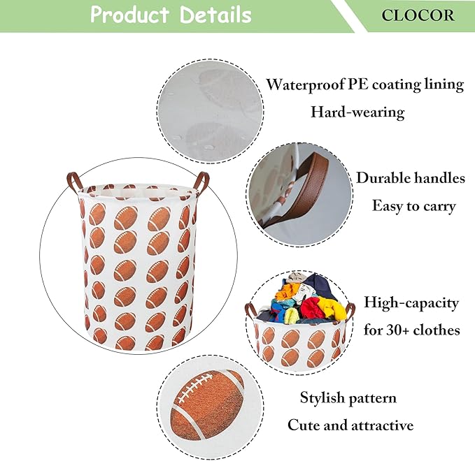 CLOCOR Kids Laundry Basket,Waterproof Nursery Hamper for Baby Boy,Football Storage Baskets for Boys Bedroom,Kids Toys Storage Bin,Room Decor,Gift Basket（Rugby