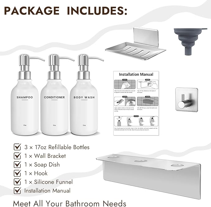 KOUCHU Shampoo and Conditioner Dispenser Set - Wall Mounted Shower Soap Dispenser - 17oz No-Drill Refillable Plastic Pump Bottles for Bathroom Kitchen - Includes Soap Dish and Hook (Silver)