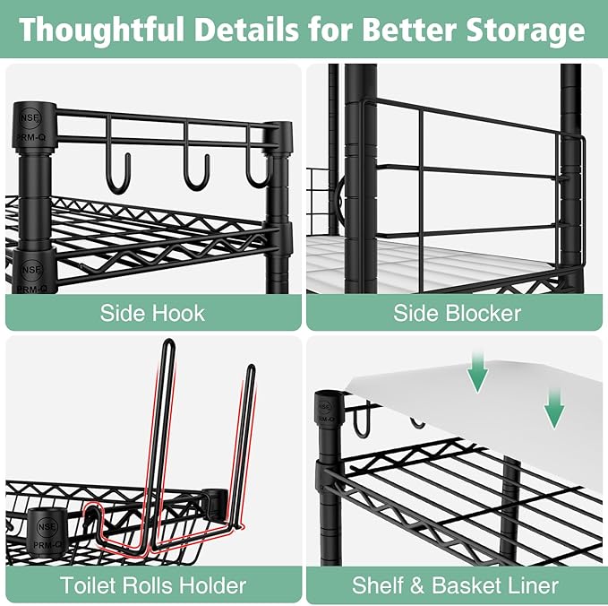 PrimeZone Over The Toilet Storage Rack - 4 Tier Adjustable Bathroom Shelf Organizer, Metal Space Saver Over Toilet with 2 Hooks, Freestanding Above Toilet Storage Shelves for Bathroom Laundry, Black