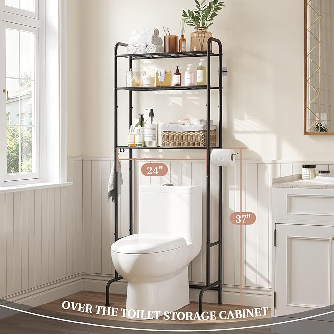 STDDRE 3-Tier Over The Toilet Storage Space Saver with Paper Holder Freestanding Rack Metal Bathroom Shelves with Hooks Above The Toilet Storage Shelf (Black, 3 Tier)