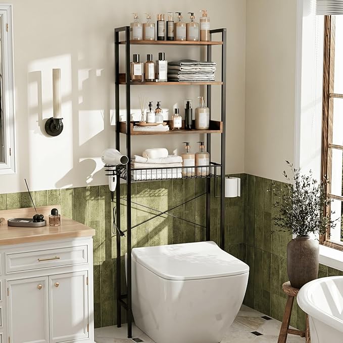 VINGLI Over The Toilet Storage, 4 Tier Industrial Bathroom Organizer Over Toilet with Wire Basket, Adjustable Freestanding Bathroom Space Saver Shelf with Paper & Hair Dryer Holder, Rustic Brown
