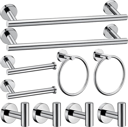 10 Pieces Polished Chrome Bathroom Hardware Accessories Set,Hand Towel Ring,16 inch Towel Bar,Toilet Paper Holder,4pcsTowel Hooks,Round SUS304 Stainless Steel Heavy Duty Wall Mount Holder,Towel Rack