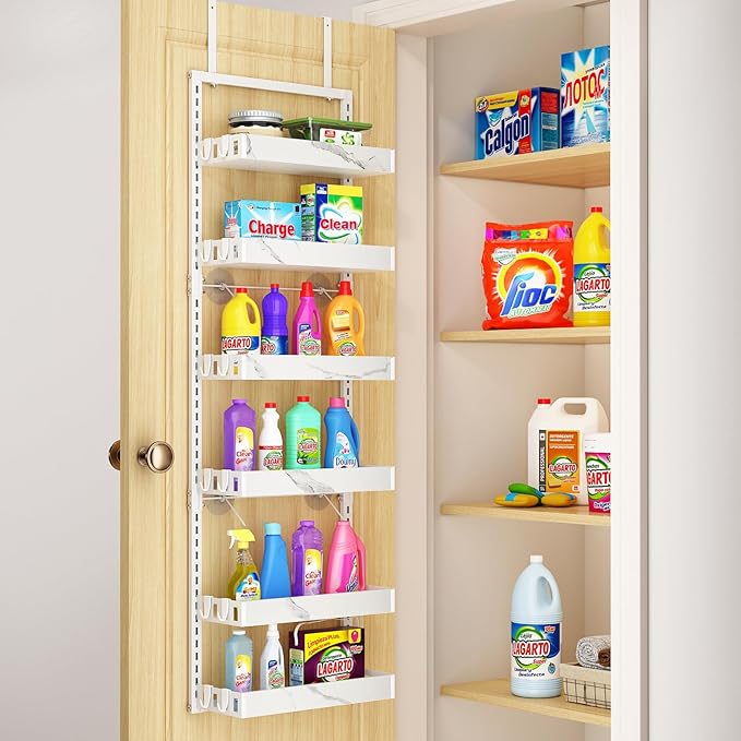 BUKFEN 6-Tier Over the Door Pantry Organizer, 2-in-1 Door Hanging or Wall Mounted Spice Rack, Heavy Duty Metal Storage Shelves with Adjustable Baskets for Kitchen Bathroom Closet, 1 Pack