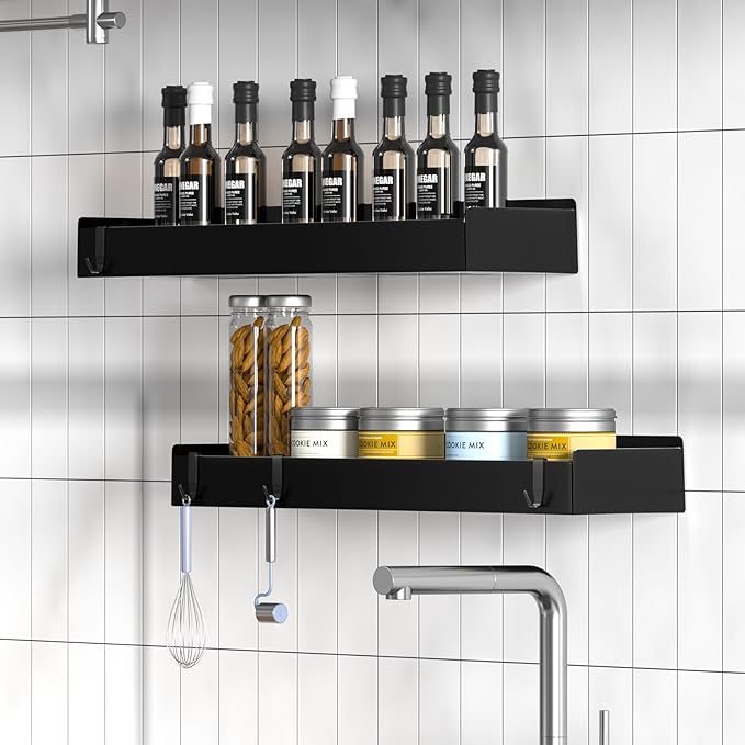 Wisfame Shower Caddy Black,40cm Adhesive Shower Shelve with Large Capacity, Quick-Dry Metal Bathroom Shelves with 8 Hooks, 2 Pack Drill-Free Rustproof Durable Shower Organizers Rack