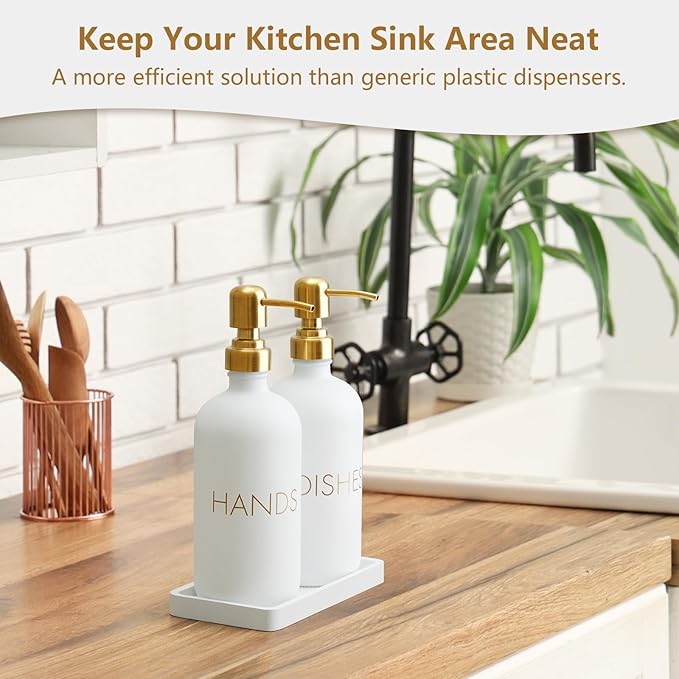 Glass Dish and Hand Soap Dispenser Set - Kitchen Soap Dispenser with Tray and Stainless Steel Pump - for Modern Gold Kitchen Decor and Accessories