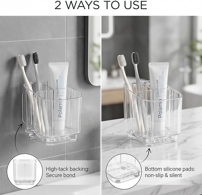 Bathroom Toothbrush Holder, Three Compartment Detachable Toothbrush Holder Wall Mounted, Toothbrush Storage Rack for Bathroom/Kitchen/Office
