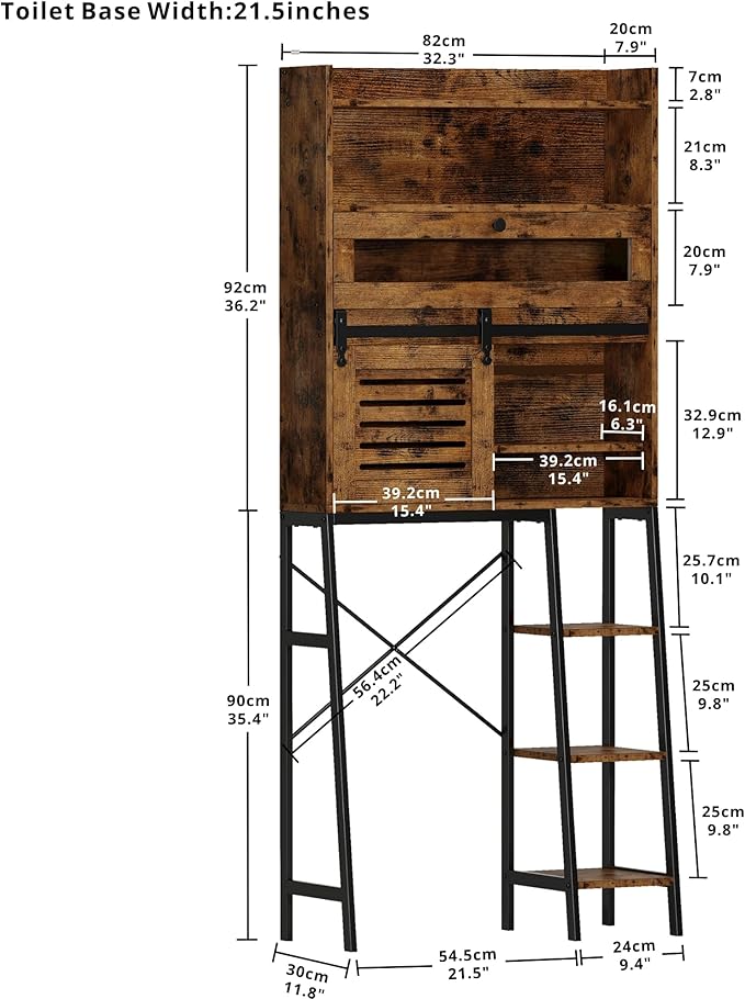 IRONCK Over The Toilet Storage Cabinet with Sliding Barn Door, 5-Tier Farmhouse Bathroom Organizer with Side Open Shelves, Freestanding Space Saver, Adjustable Shelf, Vintage Brown