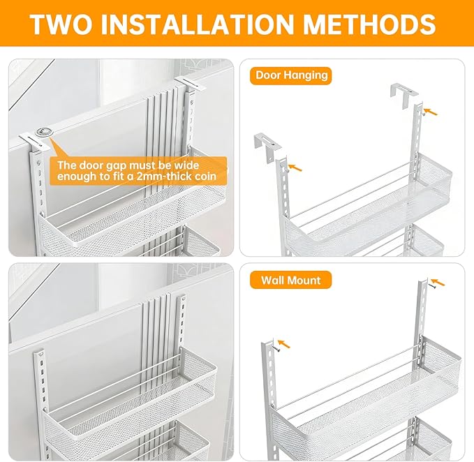 Space-Saving Over The Door Organizer with 5 Adjustable Baskets & 5 Hooks, Metal Wall Mount Storage Rack, Behind The Door Storage for Bathroom, Kitchen, Pantry, Laundry Room (White)