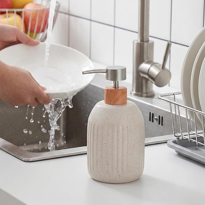 Ceramic Hand Soap Dispenser for Bathroom, 16oz Rustic Kitchen Dish Soap Dispenser, Refillable Liquid Pump Bottle for Shampoo, Lotion, Conditioner, Modern Farmhouse Bathroom Decor