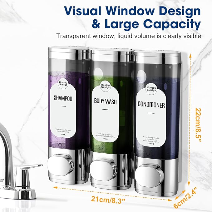 Shampoo and Conditioner Dispenser 3 Chamber No Drill, HUOTDY SUNTYS Shower Soap Dispenser Wall Mounted,Shampoo Dispenser for Shower Wall Body Wash Dispenser for Bathroom Toilet Hotel Kitchen (Chrome)