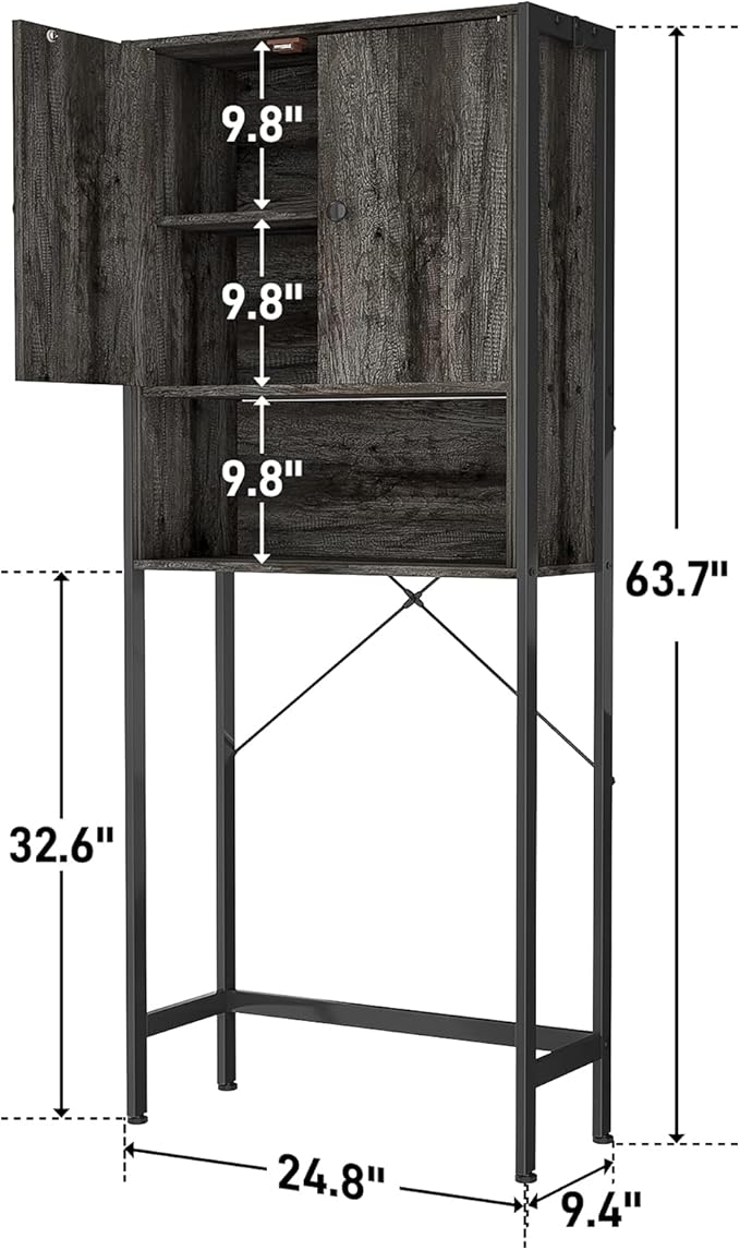 Ecoprsio Over-The-Toilet Storage Cabinet Rack, Bathroom Organizer Shelf Over Toilet, Freestanding Space Saver Toilet Stands with 2 Hooks, Gray Brown