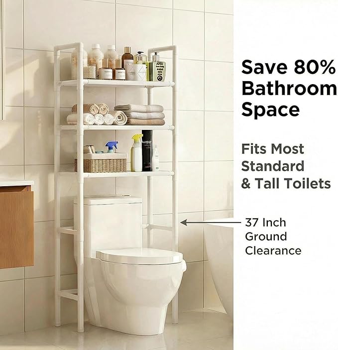 Renyqatt Over the Toilet Storage, 3-Tier Bathroom Organizer, Freestanding Above Toilet Shelf with Adjustable Feet, Space Saving, Easy Assembly, Carbon Steel Shelf, 61" H, White
