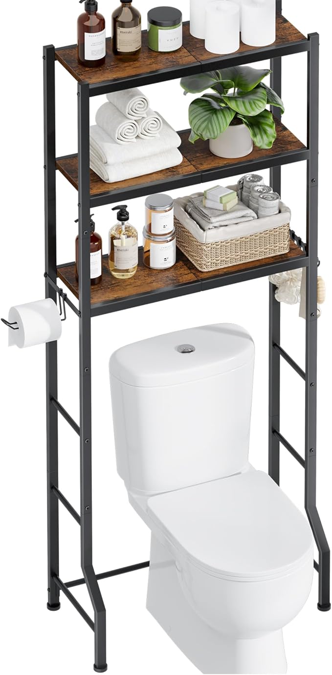 Kitsure Over The Toilet Storage Rack - Freestanding Over the Toilet Storage Cabinet with Paper Holder & Hooks, Bathroom Organizers and Storage, Brown + Black, 3 Tiers (60.2" H)