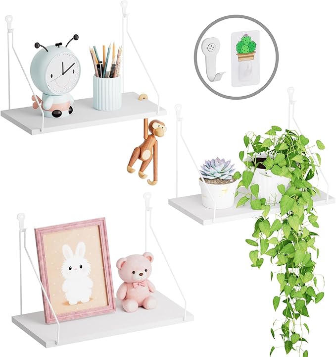 QsQueen Elevate Your Space with Rustic Wood Floating Shelves Set of 3- Perfect for Bedroom, Living Room, Bathroom, and Kitchen Decor - Easy Installation, No Drilling Needed! White