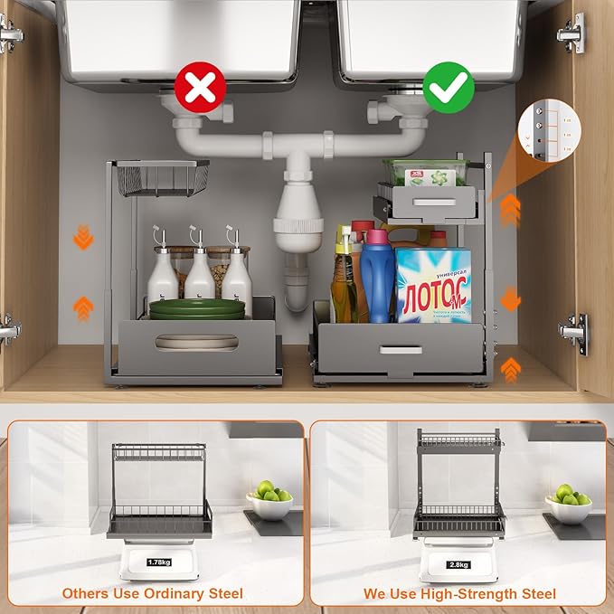 Under Sink Organizer, 2 Tier Slide Out Cabinet Organizer with Pulley, Height Adjustable Pull Out Shelf for Kitchen, Bathroom, Laundry and Utility Storage, Gray, 1 Pack