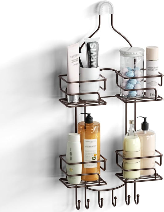 SRIWATANA Shower Caddy Organizer Hanging Over Head, Bathroom Shower Rack Hanger with Hooks for Razors - Bronze