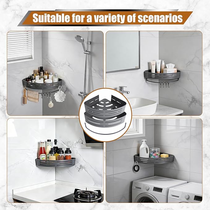 1-Pack Aluminum Corner Shelf, Large Capacity Shower Caddy with Adhesive & Screw Mounting, Rustproof Organizer Storage for Toilet, Laundry Room – Space-Saving Rack with Towel Hooks (Matte Gray)