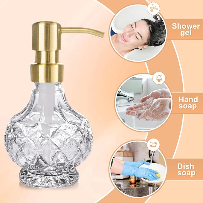 Glass Soap Dispenser Bathroom Hand Soap Dispenser with Stainless Steel Pump Liquid Soap and Lotion Dispenser Vintage Soap Dispenser Set for Bathroom Kitchen