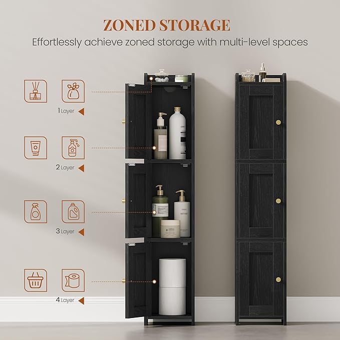 HEXCELEN Slim Bathroom Storage Cabinet, Narrow Cabinet with 3 Doors, Small Bathroom Organizers and Storage, Laundry Room Organization for Small Space, Kitchen, Living Room, Black 022304X