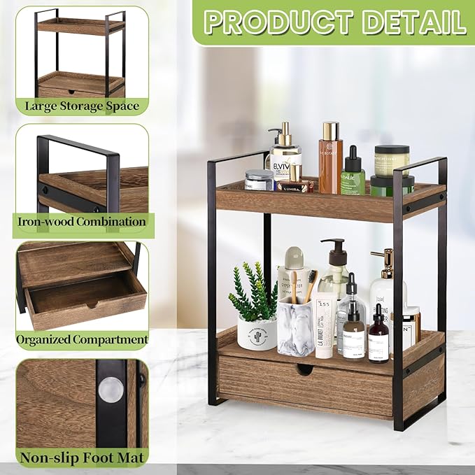 2-Tier Bathroom Organizer Countertop with Drawer, Wood Counter Shelf for Storage, Vanity Tray for Organization and Decor, Countertop Organizer for Bathroom, Kitchen, Office (Dark Brown)
