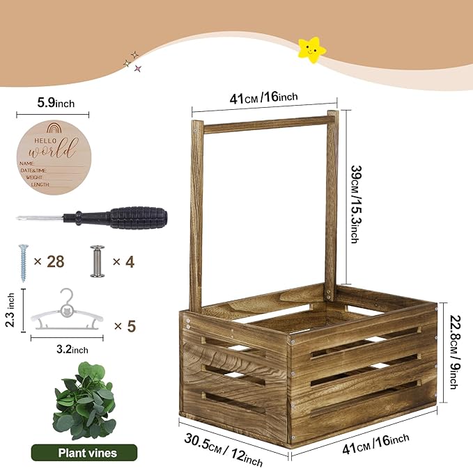 Wooden Baby Shower Crate Closet, Baby Basket with Handle, Personalized Baby Gifts Basket, Storage Basket, Newborn Boy Girl Welcome Gift for New Mom Parents