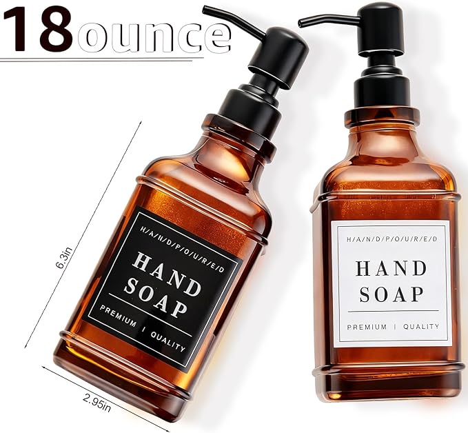 Dish and Hand Soap Dispenser for Kitchen, Amber Glass Soap Dispenser with Pump,Tray,Funnel, Set of 2 Countertop Soap and Lotion Dispenser for Bathroom,Shower,500ml/16.9oz,