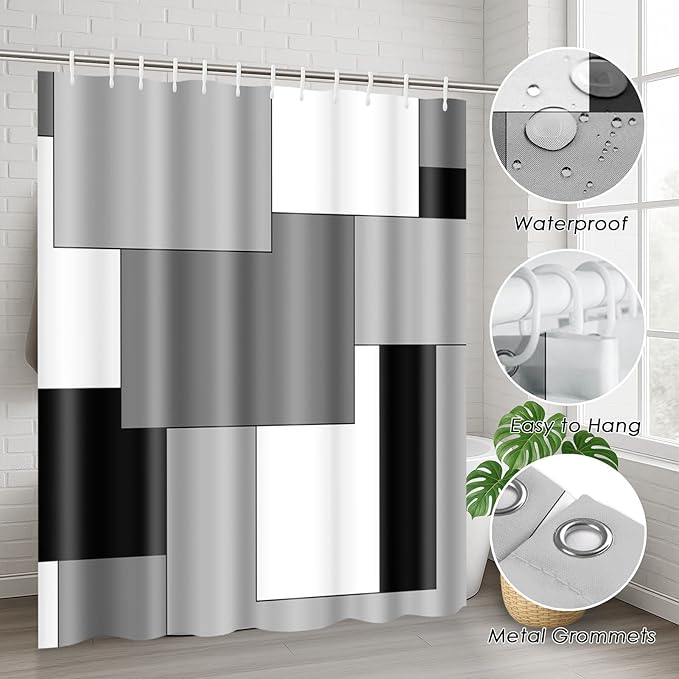Grey Geometric Shower Curtain Set with Toilet Lid Cover and Non-Slip Rugs for Bathroom, Black White Checkered 4 Pcs Shower Curtain, Modern Abstract Bathroom Set with 12 Hooks