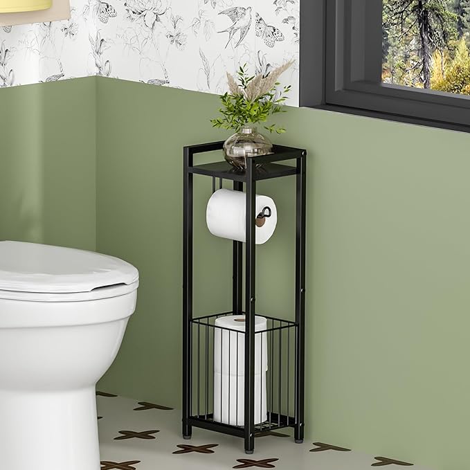 Narrow Side Toilet Paper Holder with Storage Rack - Freestanding Roll Holder for Bathroom, Small Space, Bathroom Tissue & More