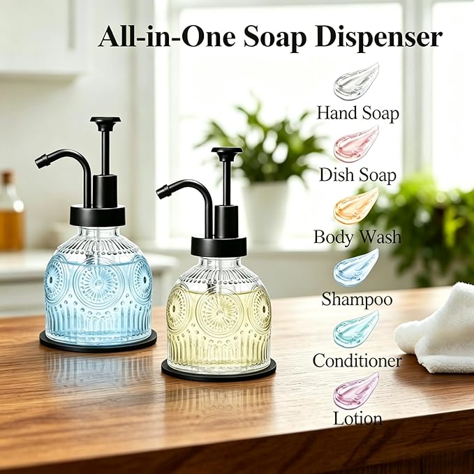 SheeChung Vintage Soap Dispenser, Kitchen Dish Soap Dispensers with Pump Mat, Glass Hand Soap Dispenser for Bathroom, Liquid, Lotion, Refillable, Rustic Farmhouse Decor-Clear (Black Pump, 1 pk)