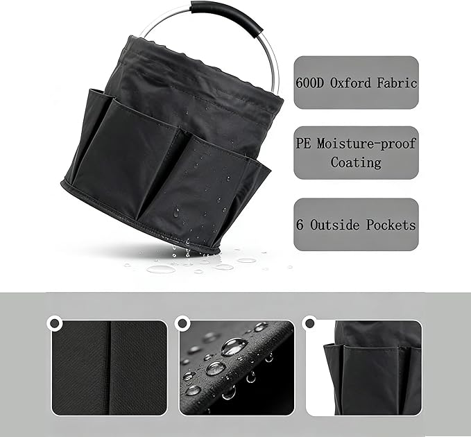Cleaning Caddy Organizer with Handle, 17L Large Capacity Foldable Storage Bucket, Heavy-Duty 600D Oxford Fabric with 6 Pockets for Car Cleaning, Gardening Tools, Camping (Black)