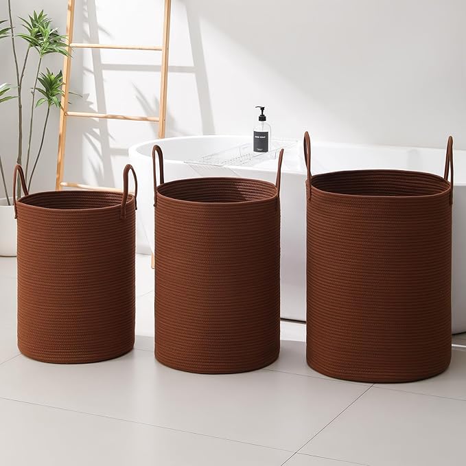 Laundry Basket Hamper Tall Rope Storage Woven for Blanket toys Dirty Clothes in Living Room Bathroom Bedroom (Dark Brown, 100L/26.4Gal)