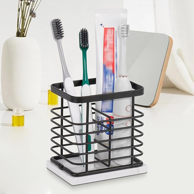 Toothbrush Holder, Luxurious Metal Toothbrush Toothpaste Holder with Marble Base for Bathroom, Multi-Slots Openwork Design, Bathroom Accessory for Storage and Organizer (Small, Matte Black)
