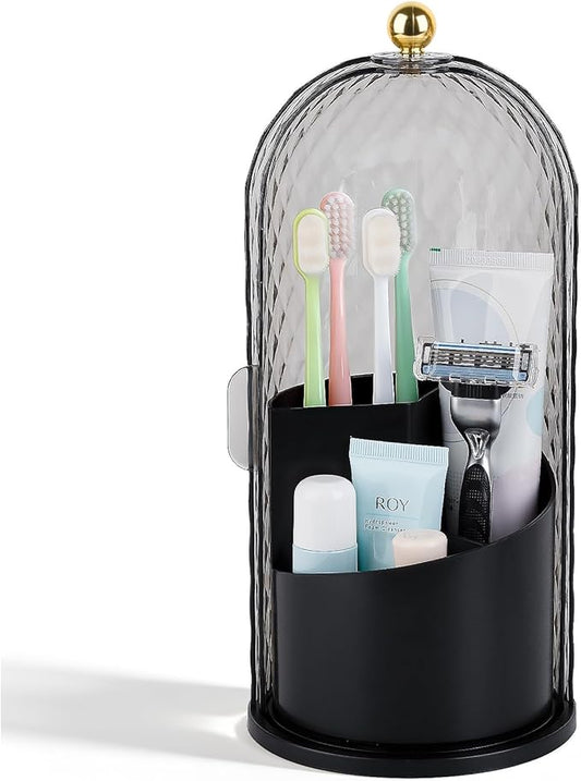 Toothbrush Holder with Cover for Bathroom Countertop, Rotating Organizer for Electric Tooth Brush and Toothpaste, 3-Slot Makeup Brush Storage, Self-Draining Vanity Counter Organizer, Black