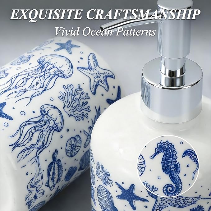 JarThenaAMCS 4Pcs Blue Ocean Bathroom Accessories Seashell Starfish Coral Ceramic Liquid Dispenser Toothbrush Holder Tumbler Soap Dish for Summer Beach Home Party Favors Supplies