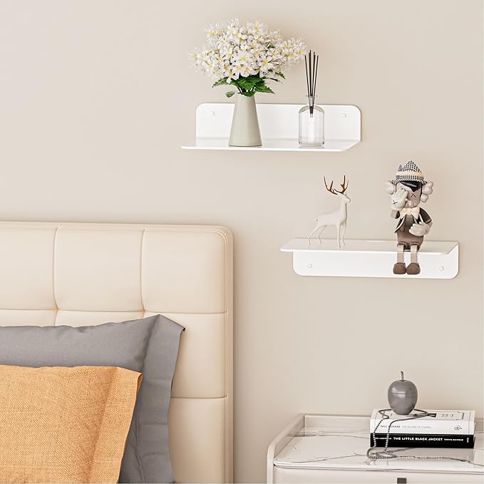Wisfame Small Floating Shelves for Wall, 9 x 4.5 Inch, with Cable Hole, Piano White Adhesive Wall Shelf in Aluminum Alloy, Display Ledges for Living Room, Gaming Room, Bedroom, Bathroom (2 Pack)