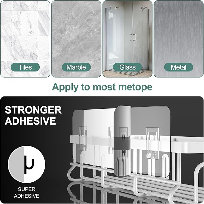 Getsrichfc Shower Caddy Adhesive, Rustproof Shower Shelves for Inside Shower, Large Capacity Bathroom Organizers and Storage, Shower Storage with Removable Hooks, No Drill Bathroom Accessories White