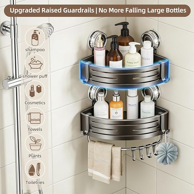 Corner Shower Caddy,Suction Cup Shower Bathroom Wall Shelf,No Drill Rust Proof Aluminum Organizer with Hooks,Floating Rack for Inside (Suction Cup Corner Shower Caddy,2 Tier,Gray)