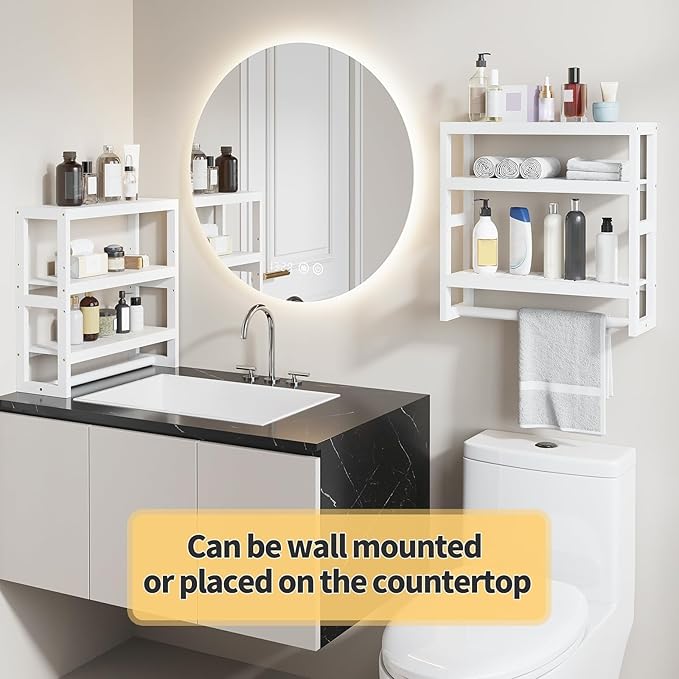 Bathroom Shelves with Hanging Bar Over Toilet Storage - Adjustable Wall Organizer (White)