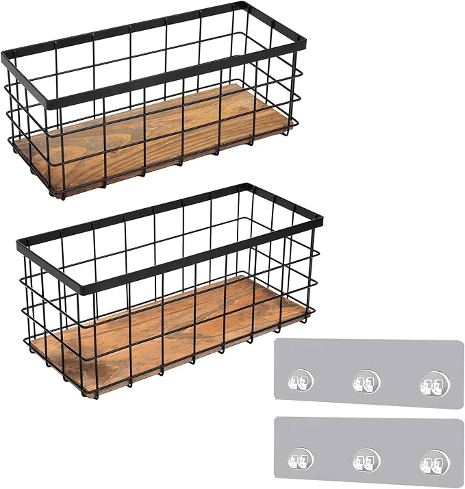 TIEYIPIN Black Metal Wire Storage Baskets with Wood Bottoms, Bathroom Storage Organizer Basket Bins, Set of 2 - Includes 2 Bonus Adhesive Hooks for Easy Wall Mounting