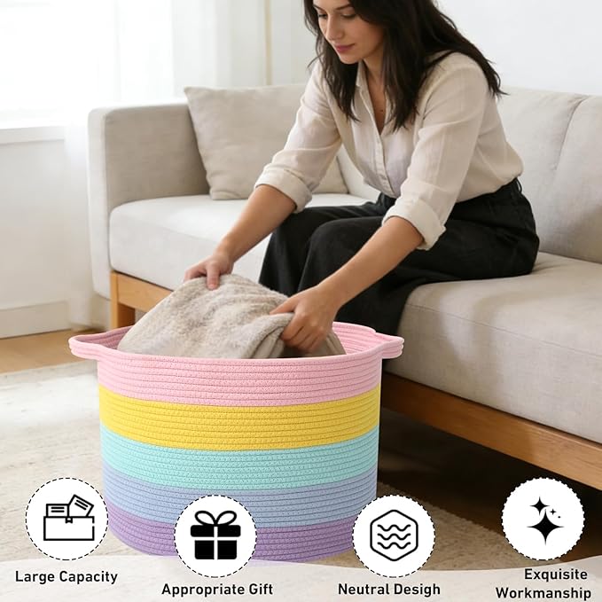 115L Large Blanket Basket,23.6" L x 23.6" W x 15.7" H Rope Woven Baskets with Handles, Toys Storage Bins,Laundry Basket Perfect for Living Room, Nursery,Bedroom,Home Organization,Colorful