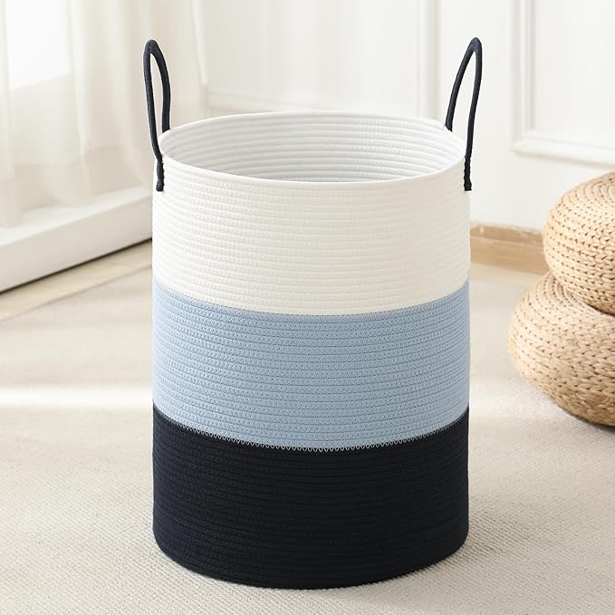 Laundry Basket Hamper Tall Rope Storage Woven for Blanket toys Dirty Clothes in Living Room Bathroom Bedroom (Gradient Blue, 80L/21.3Gal)