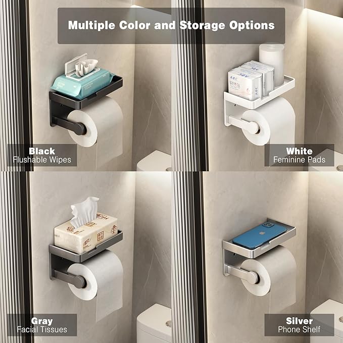 VOLDRA Toilet Paper Holder with Phone Shelf, Self-Adhesive or Screw-in Toilet Tissue Roll Holder Wall Mount, Rustproof & Multifunctional Bathroom Toilet Paper Holder Storage Dispenser(Black)