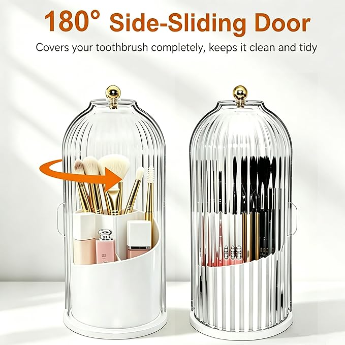 Toothbrush Holder Sliding Lid, 360° Rotating Bathroom Counter Organizer and Storage, Toothbrush and Toothpaste Holder for Bathroom Countertop, Makeup Brush Organizers for Vanity