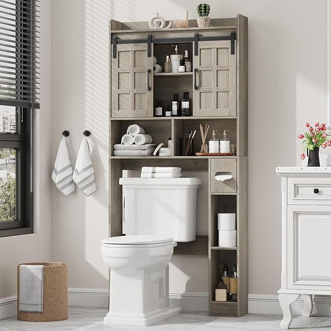 Halitaa Over The Toilet Storage Cabinet, Farmhouse Storage Cabinet Over Toilet with Sliding Doors，Home Space-Saving Toilet Rack, for Bathroom, Restroom, Laundry.Wash Grey