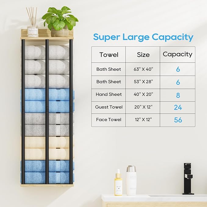 Towel Racks for Bathroom Wall Mounted, 3 Bar Wall Towel Rack for Rolled Towels, Metal Towel Holder with Wooden Shelf, Sturdy and Large Capacity, Towel Storage Organizer